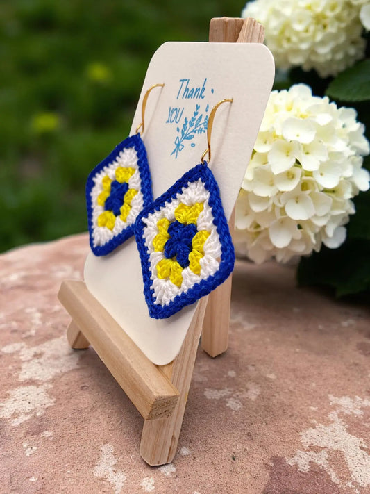 Granny Square earring with blue outline Tangles & Twine