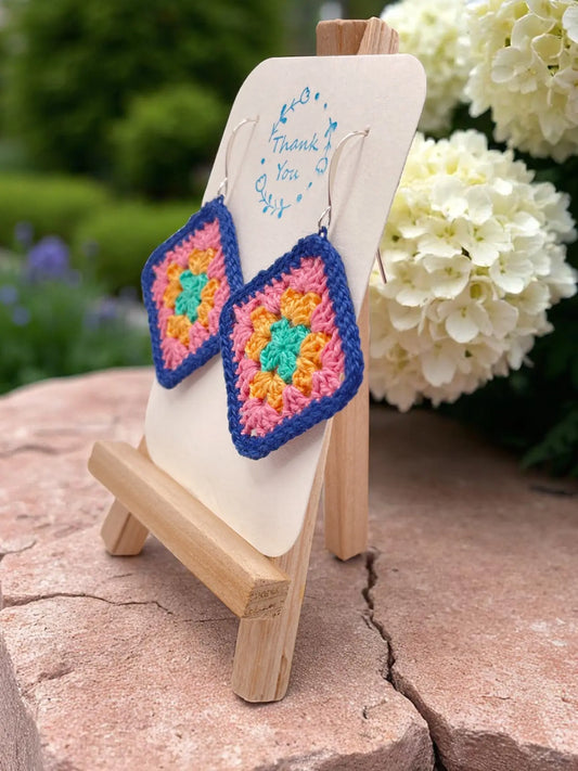 Granny Square earring with bright blue outline Tangles & Twine