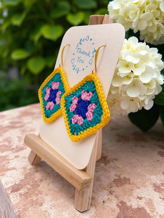 Granny Square earring with yellow outline Tangles & Twine