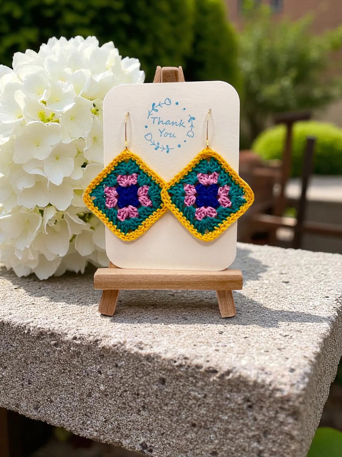 Granny Square earring with yellow outline Tangles & Twine