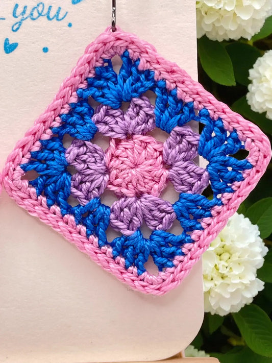 Granny Square earring with pink outline Tangles & Twine