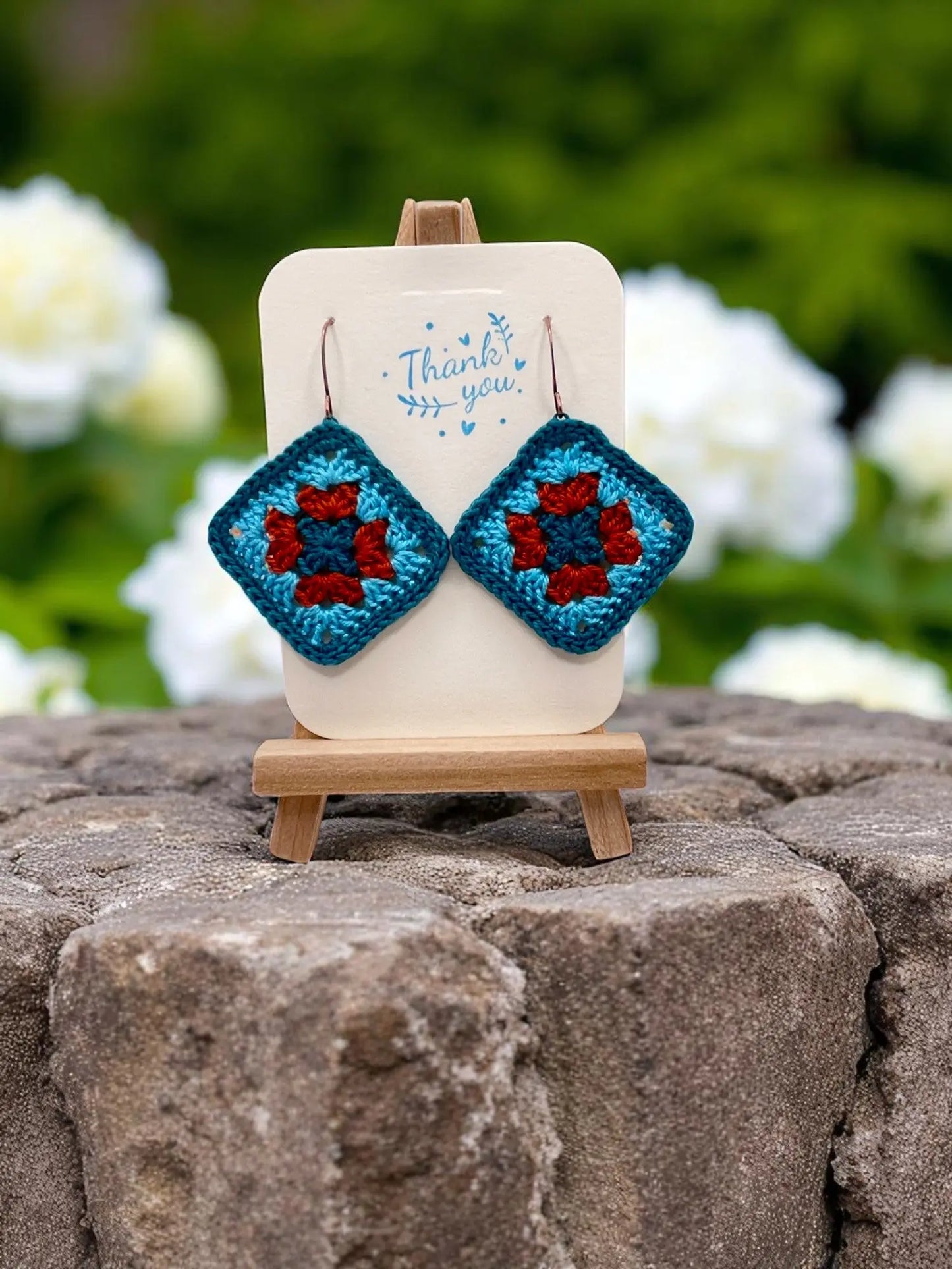 Granny Square earring with teal outline Tangles & Twine