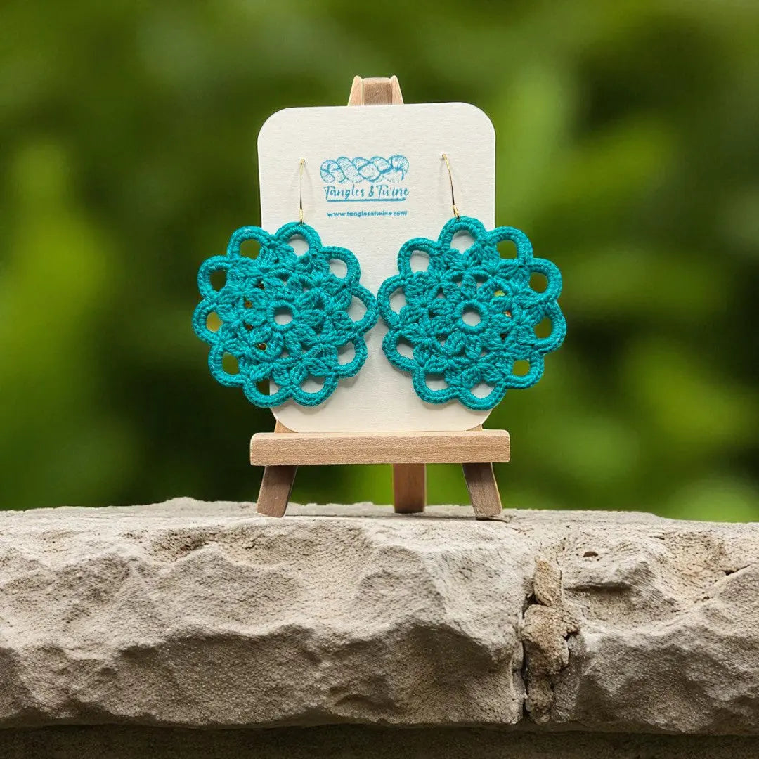 Crocheted Earrings: Intricate Circle in Turquoise Tangles & Twine