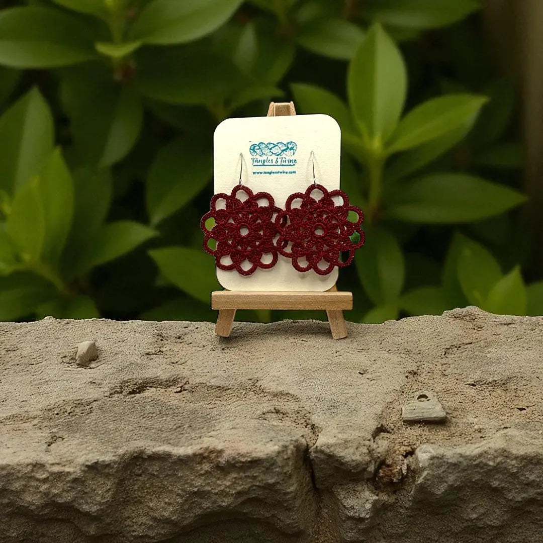 Crocheted Earrings: Intricate Circle in Wine Tangles & Twine