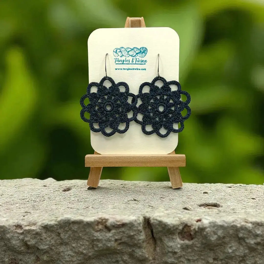 Crocheted Earrings: Intricate Circle in Prussian Blue Tangles & Twine