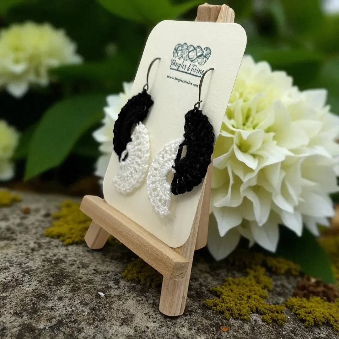 Crocheted Earrings -Angel Wings in Black and White #2 Tangles & Twine