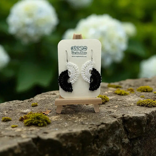 Crocheted Earrings -Angel Wings in Black and White #3 Tangles & Twine