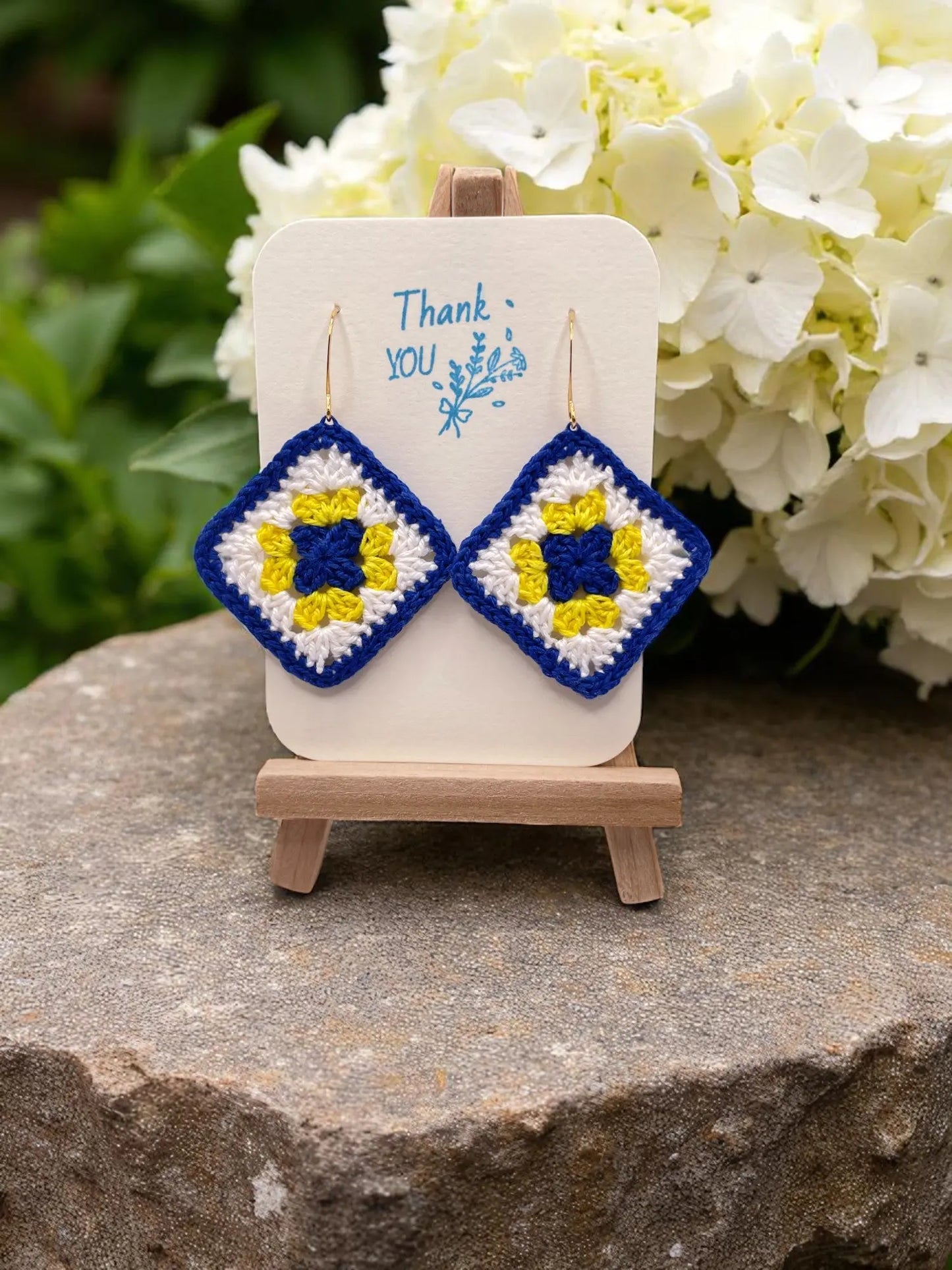 Granny Square earring with blue outline Tangles & Twine