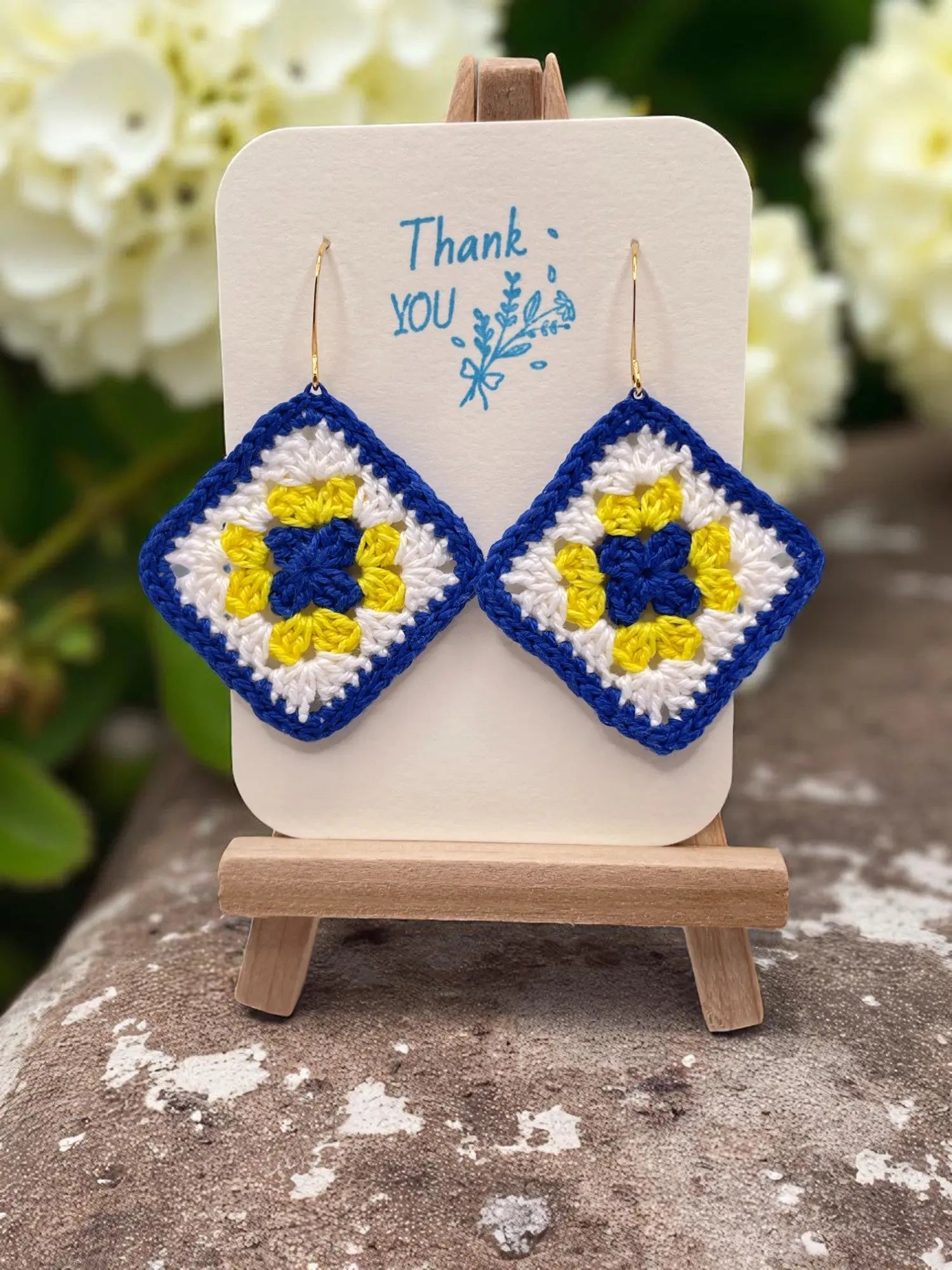 Granny Square earring with blue outline Tangles & Twine