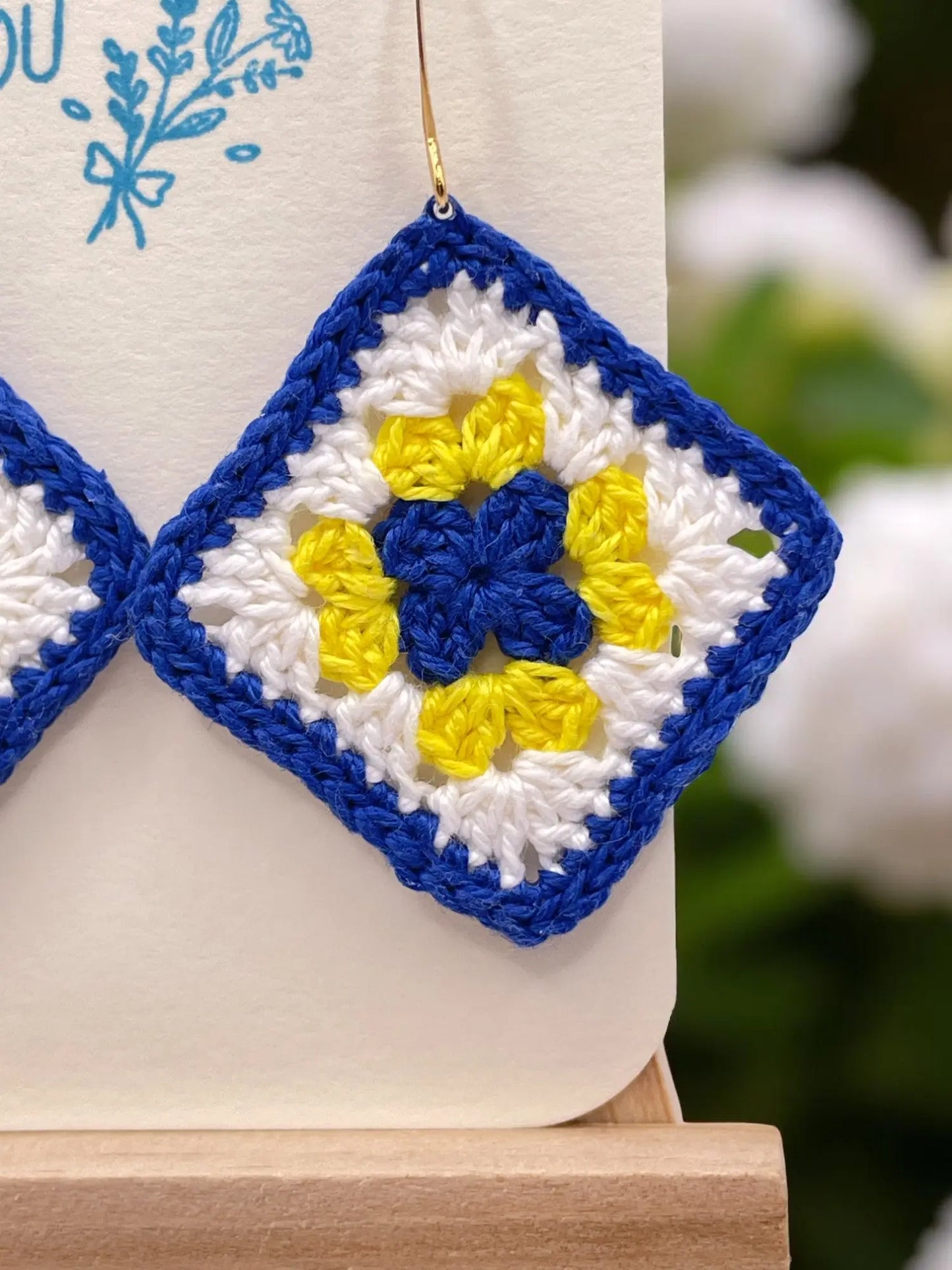 Granny Square earring with blue outline Tangles & Twine