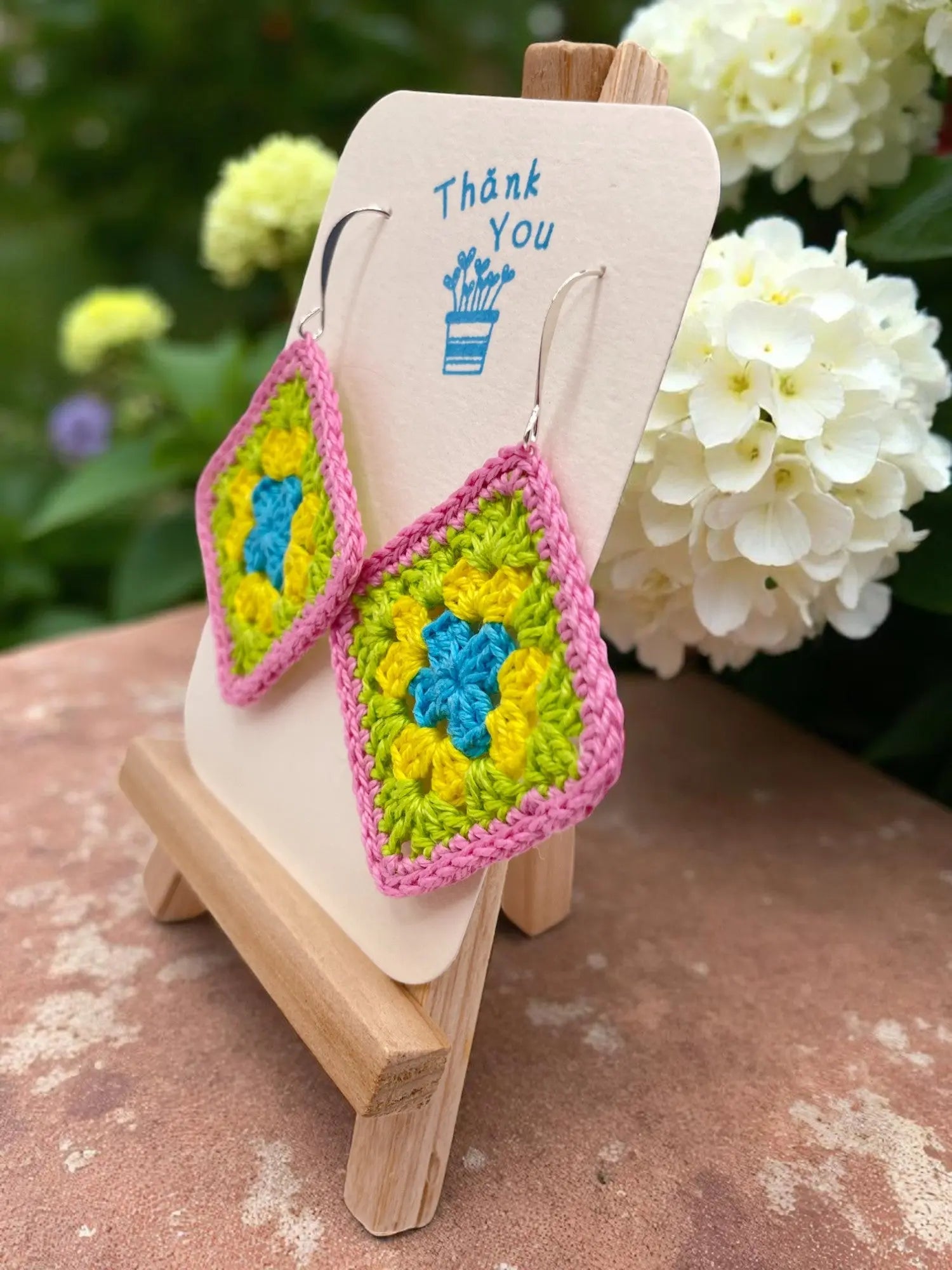Granny Square earring with pink outline Tangles & Twine