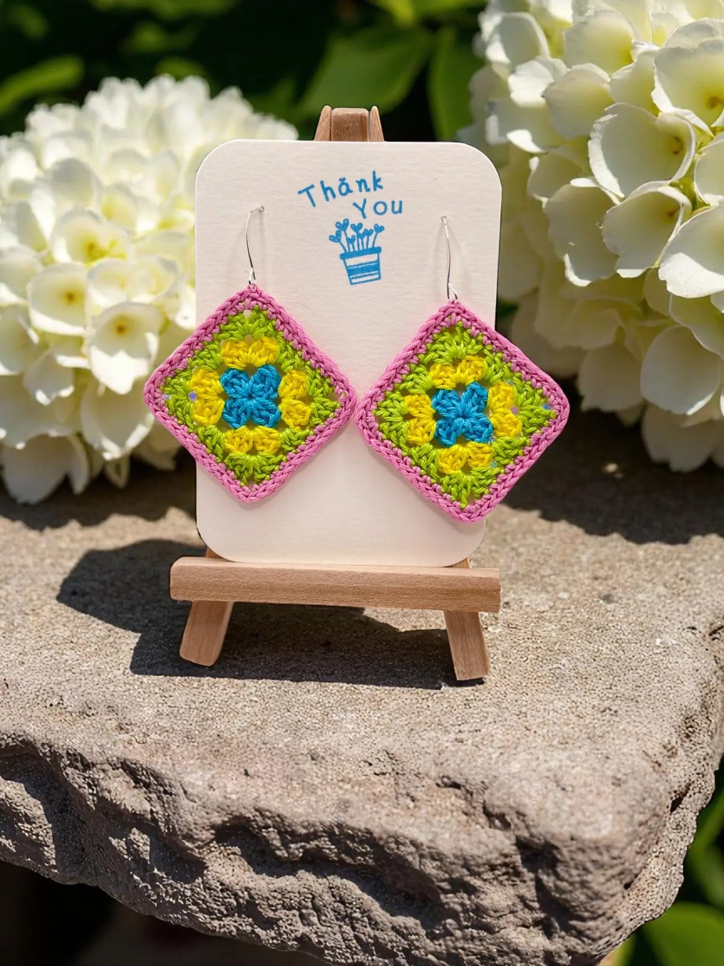 Granny Square earring with pink outline Tangles & Twine