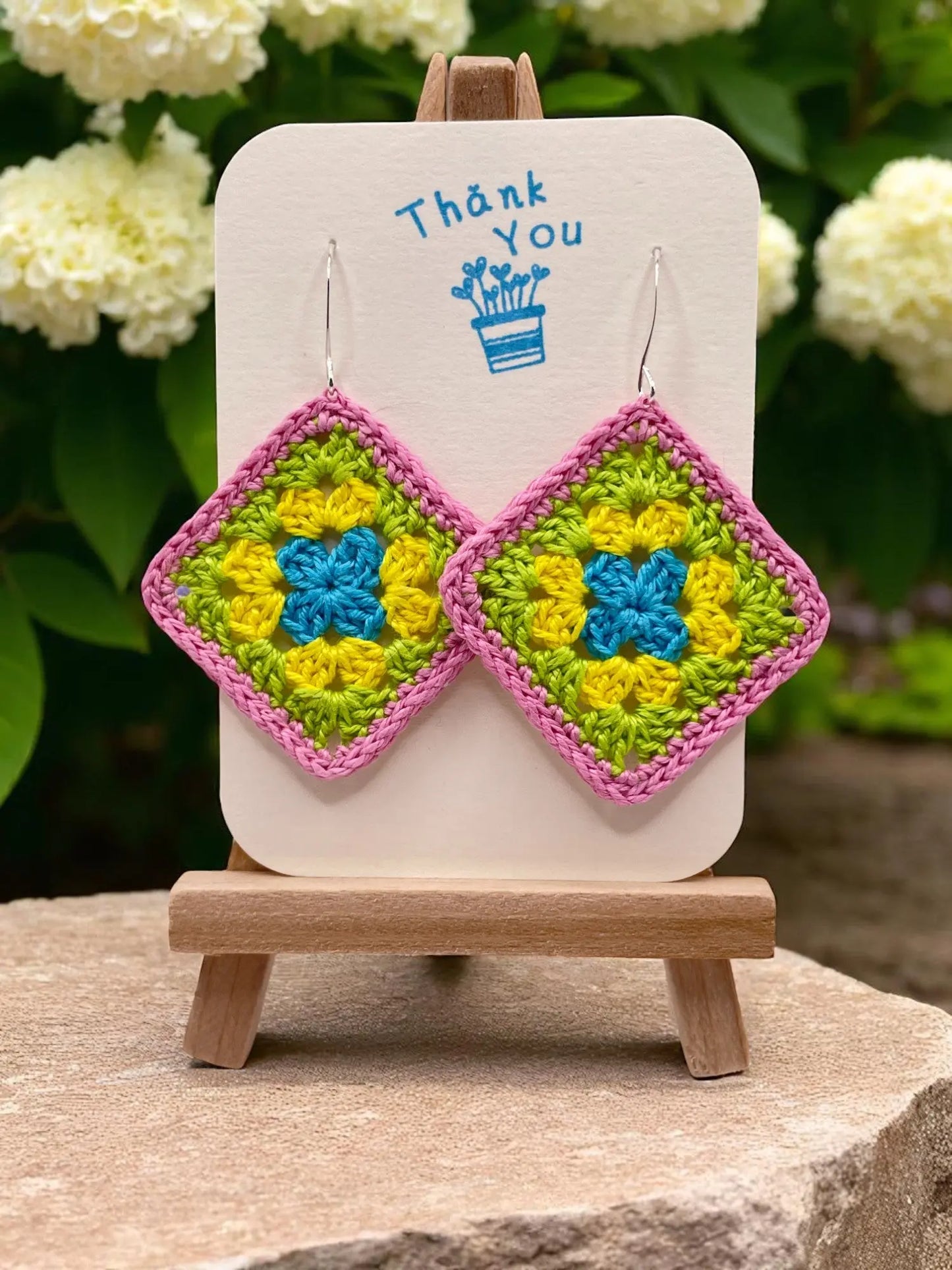 Granny Square earring with pink outline Tangles & Twine