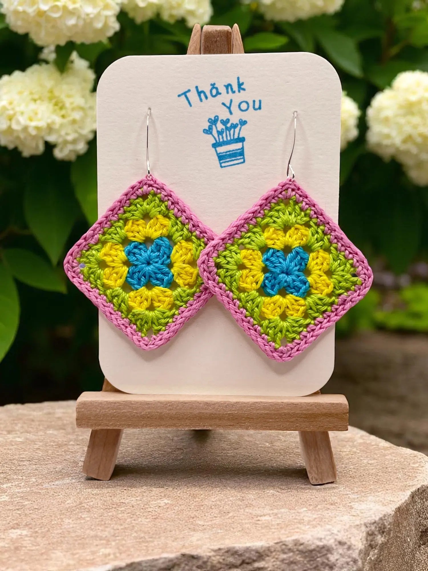 Granny Square earring with pink outline Tangles & Twine