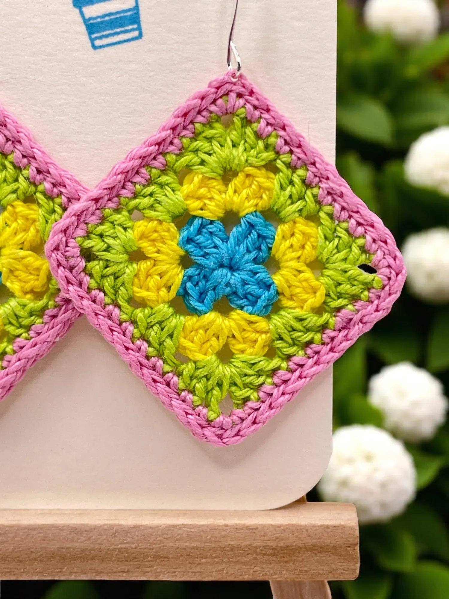 Granny Square earring with pink outline Tangles & Twine