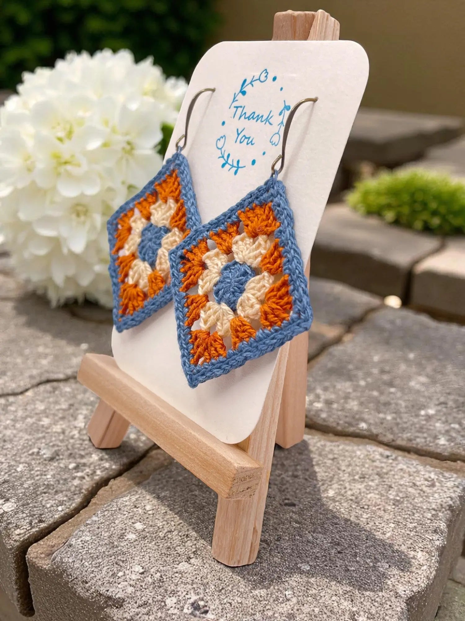Granny Square earring with blue outline Tangles & Twine