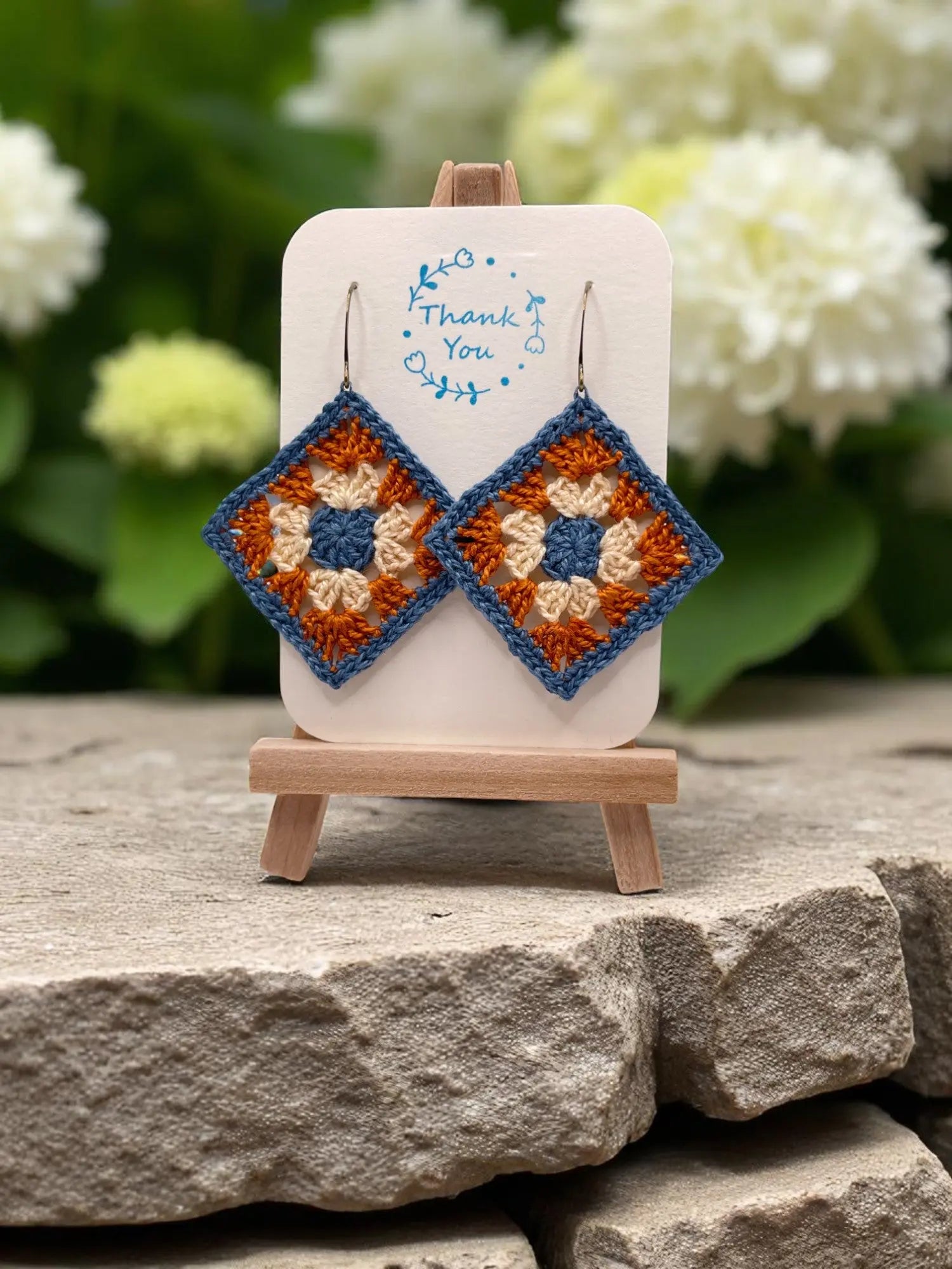 Granny Square earring with blue outline Tangles & Twine
