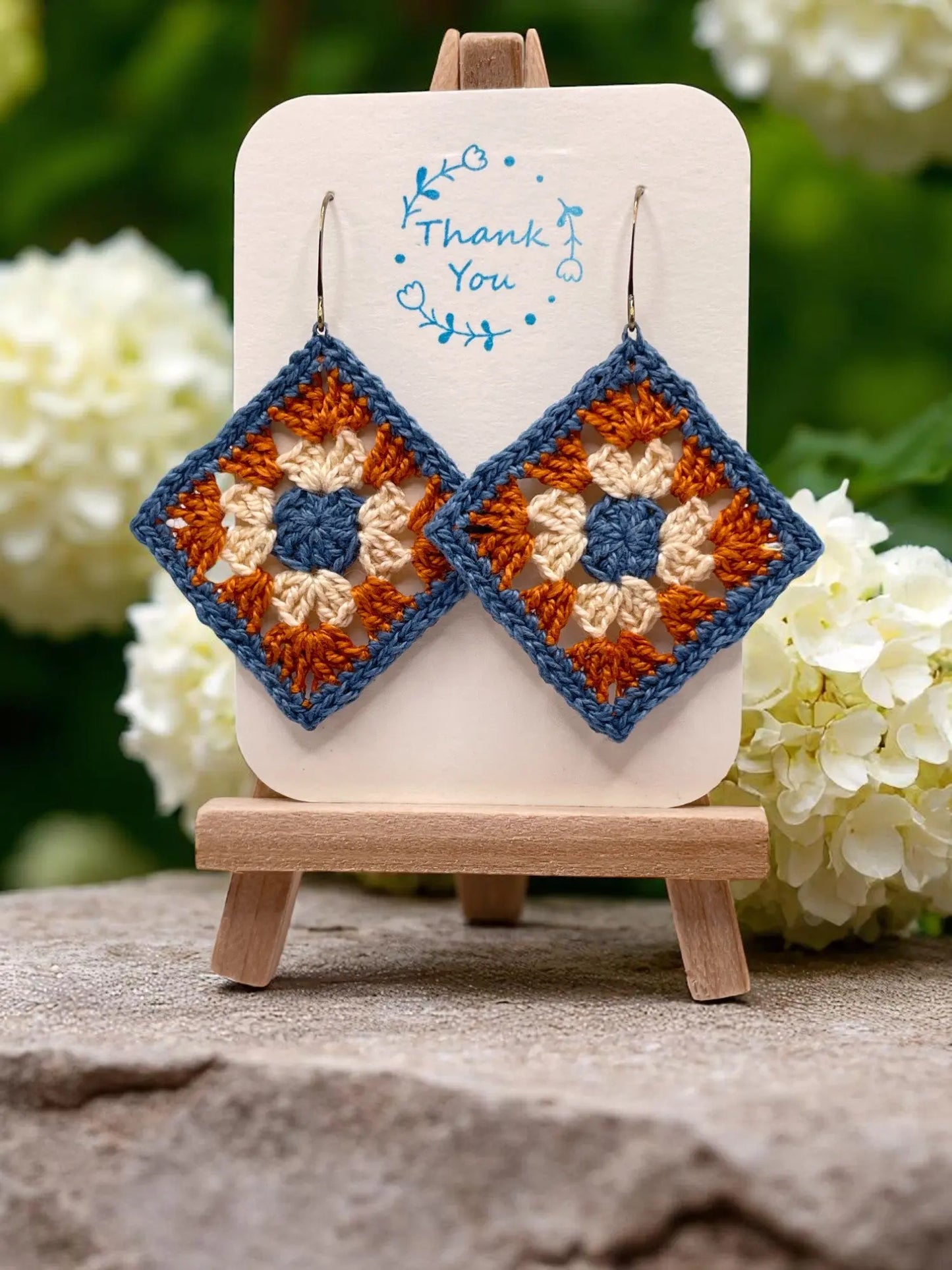Granny Square earring with blue outline Tangles & Twine