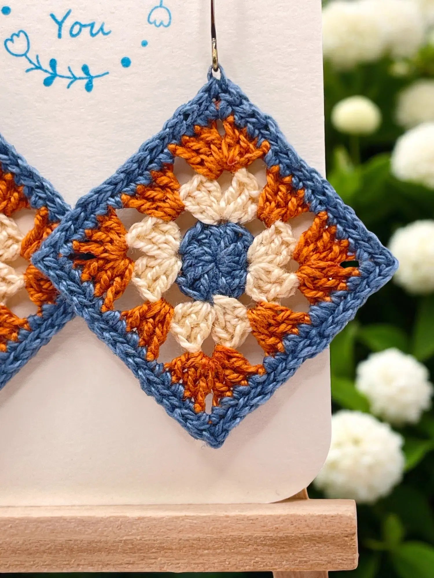 Granny Square earring with blue outline Tangles & Twine