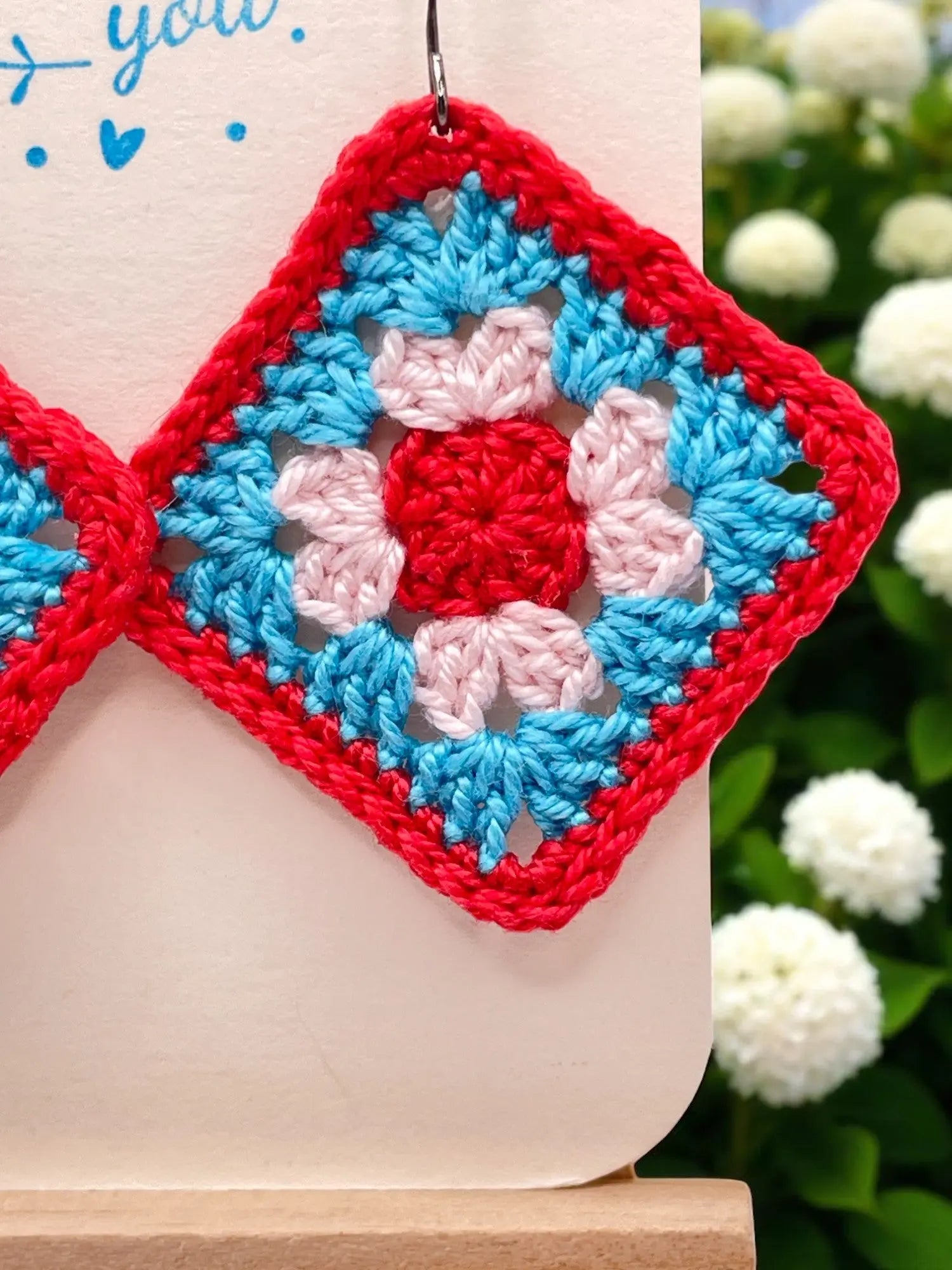 Granny Square earring with red outline Tangles & Twine