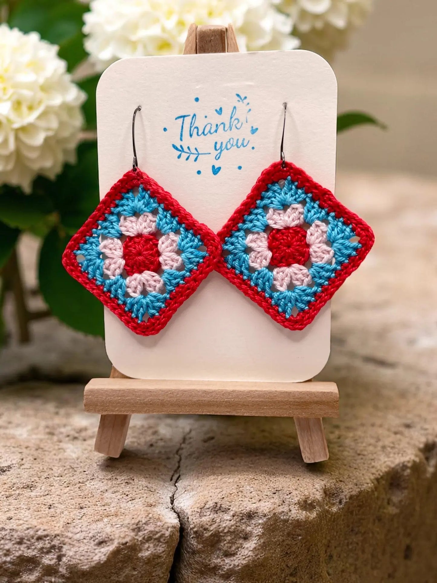 Granny Square earring with red outline Tangles & Twine