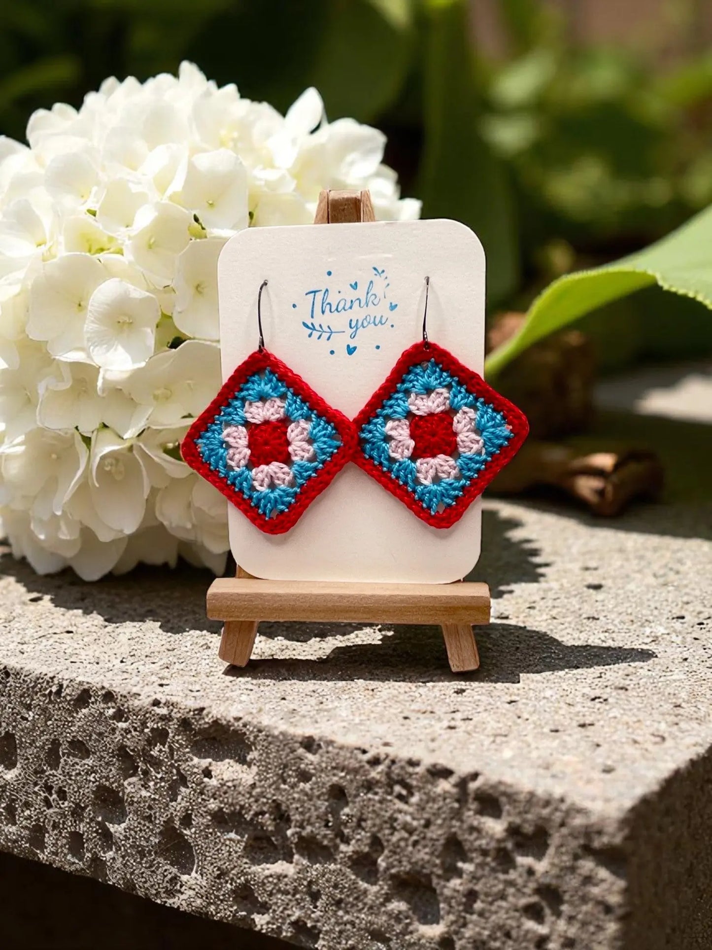 Granny Square earring with red outline Tangles & Twine