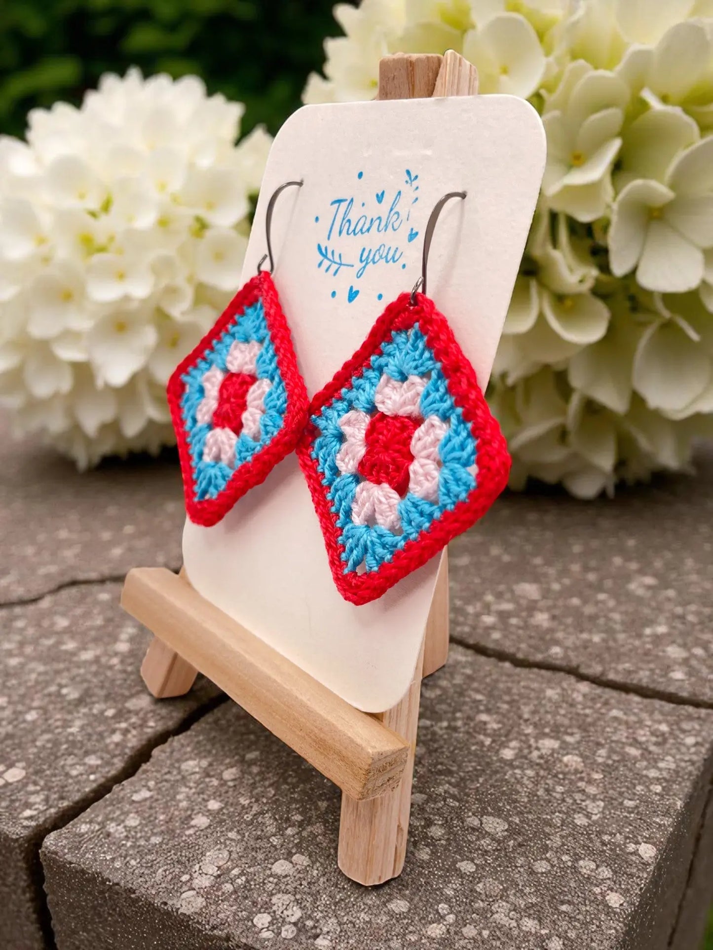 Granny Square earring with red outline Tangles & Twine