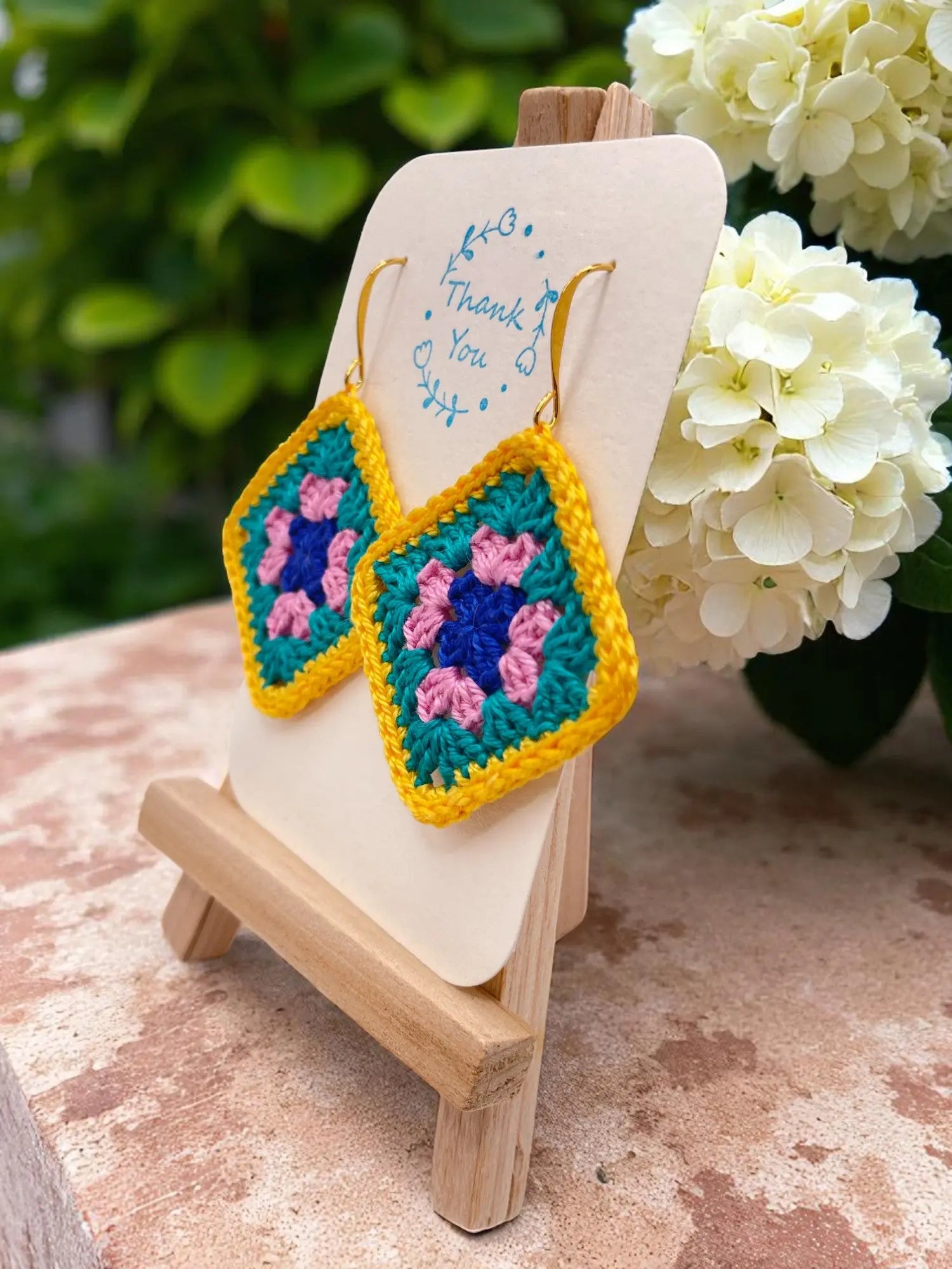 Granny Square earring with yellow outline Tangles & Twine
