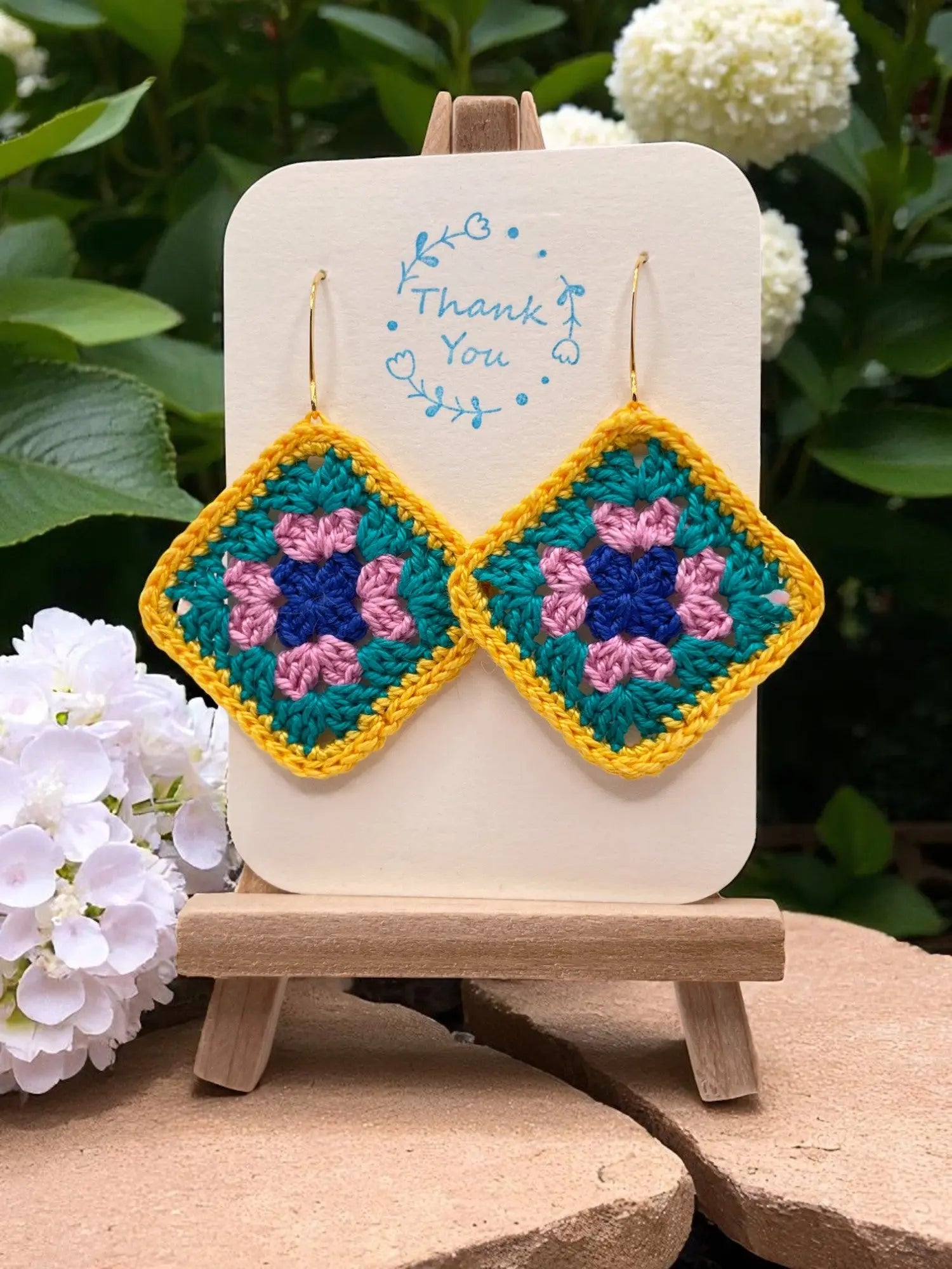 Granny Square earring with yellow outline Tangles & Twine