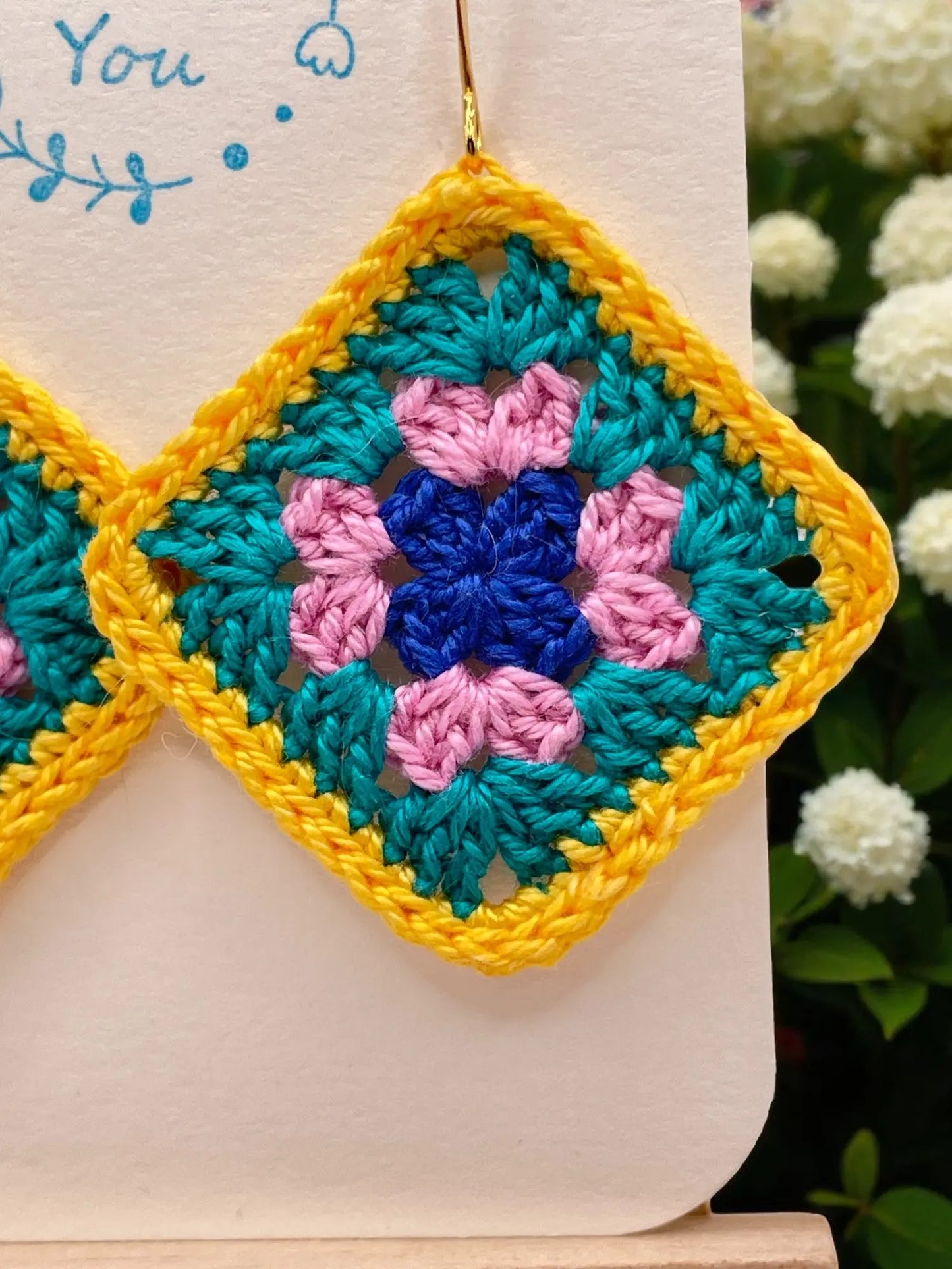 Granny Square earring with yellow outline Tangles & Twine
