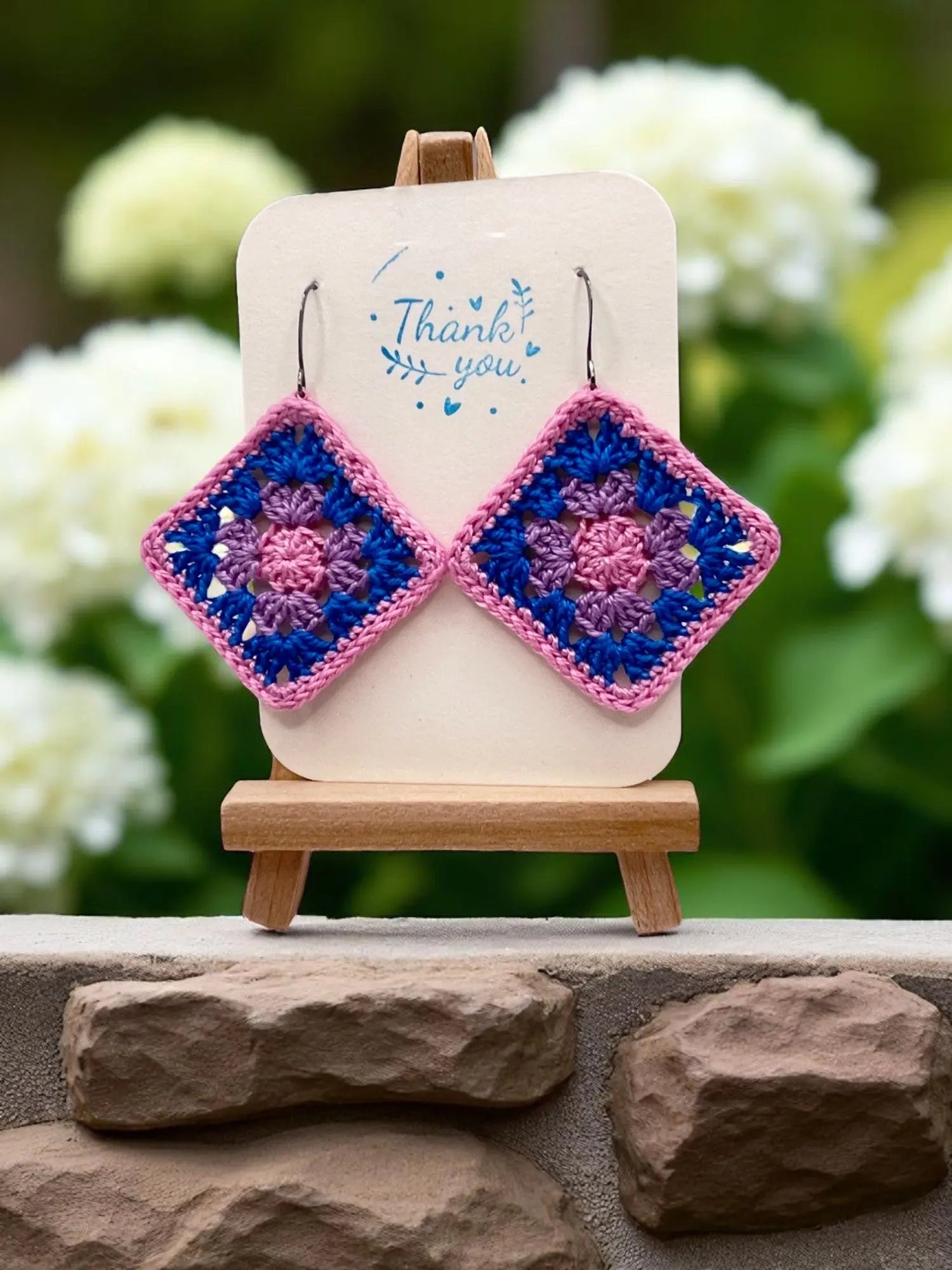 Granny Square earring with pink outline Tangles & Twine