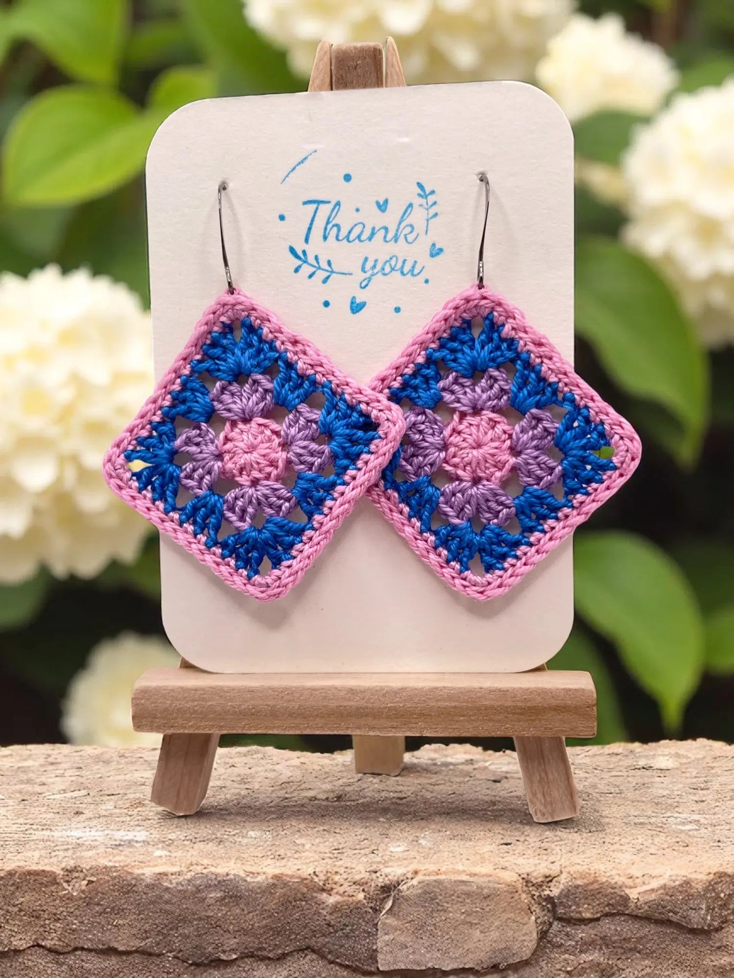 Granny Square earring with pink outline Tangles & Twine