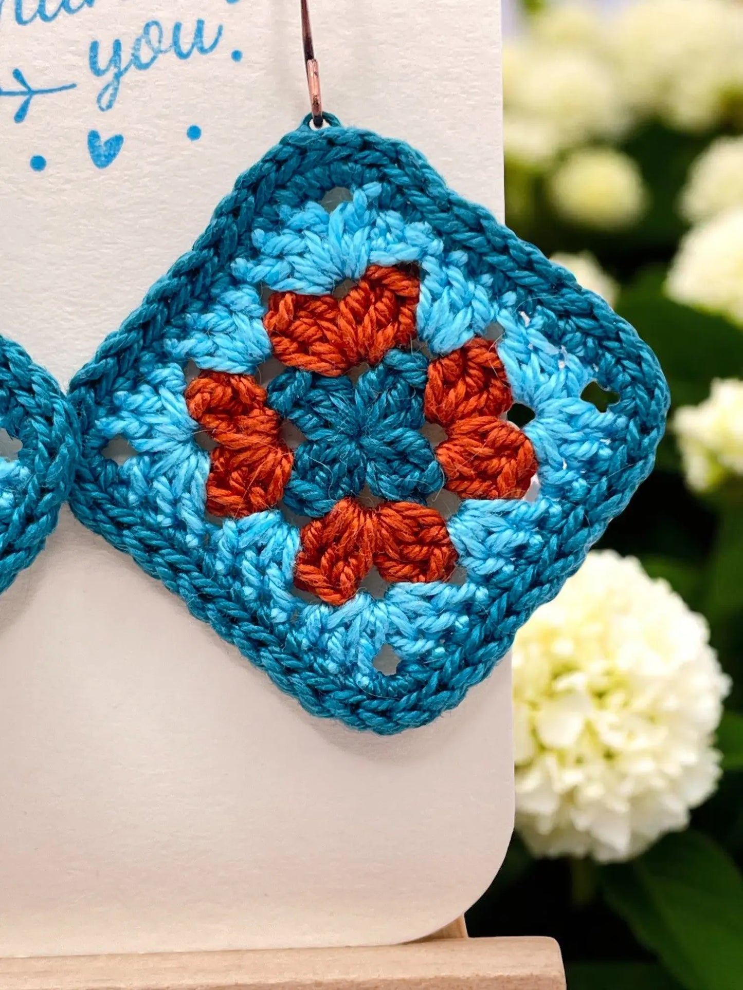 Granny Square earring with teal outline Tangles & Twine