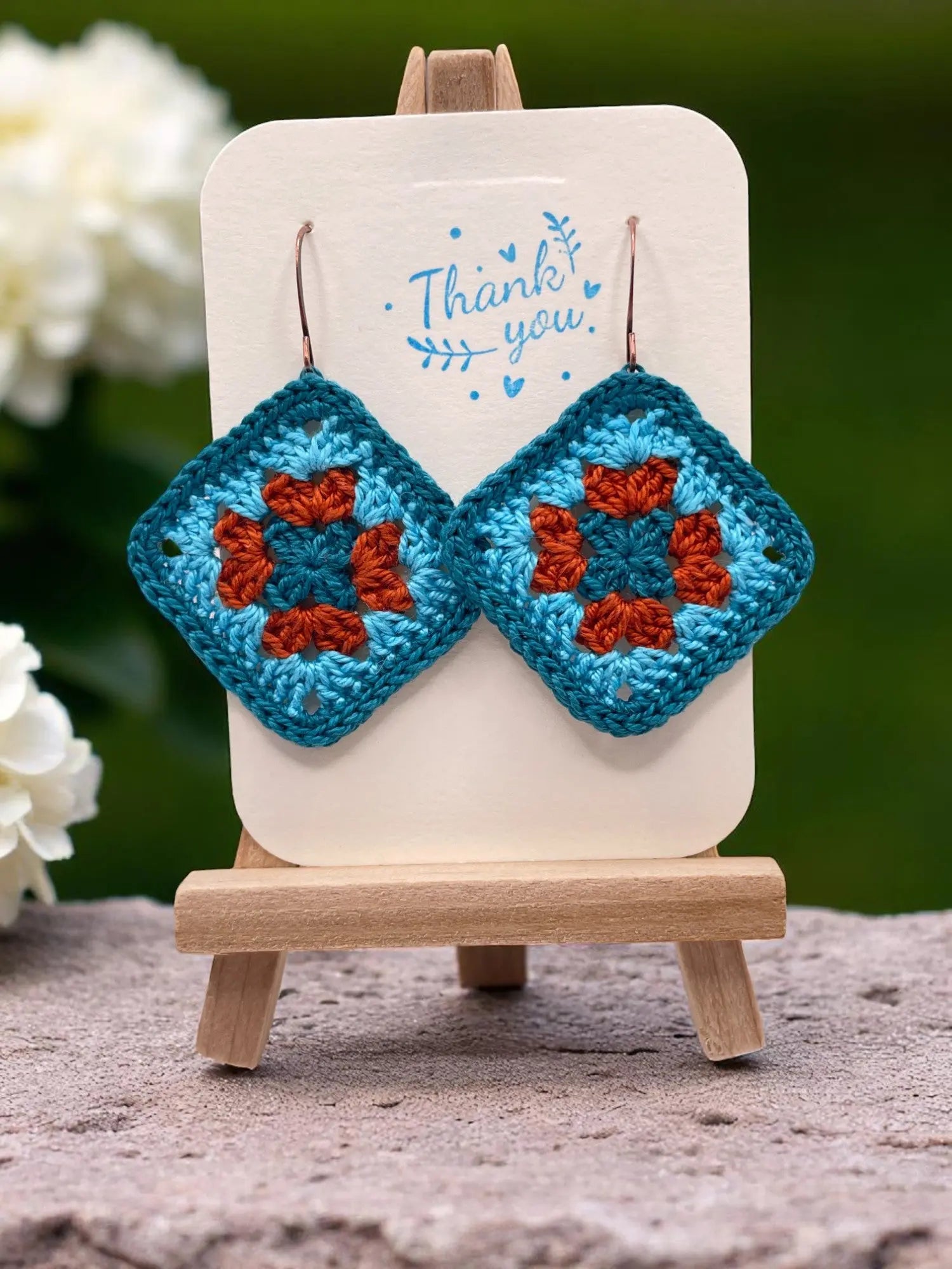 Granny Square earring with teal outline Tangles & Twine