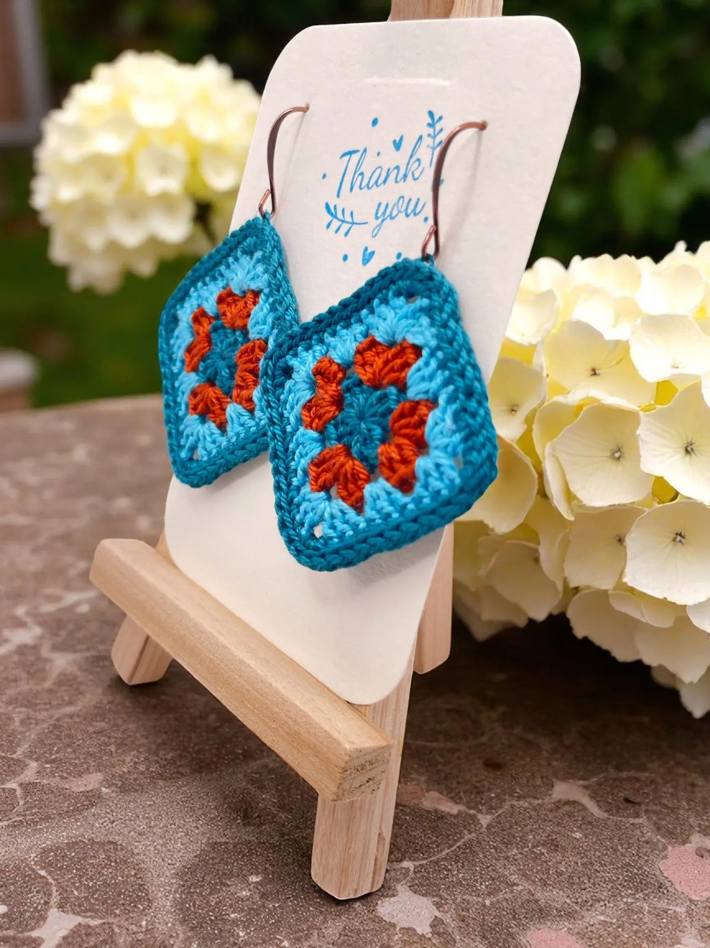 Granny Square earring with teal outline Tangles & Twine