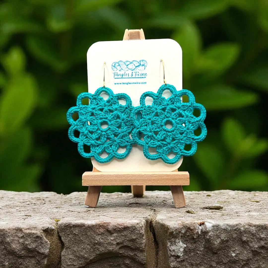 Crocheted Earrings: Intricate Circle in Turquoise Tangles & Twine