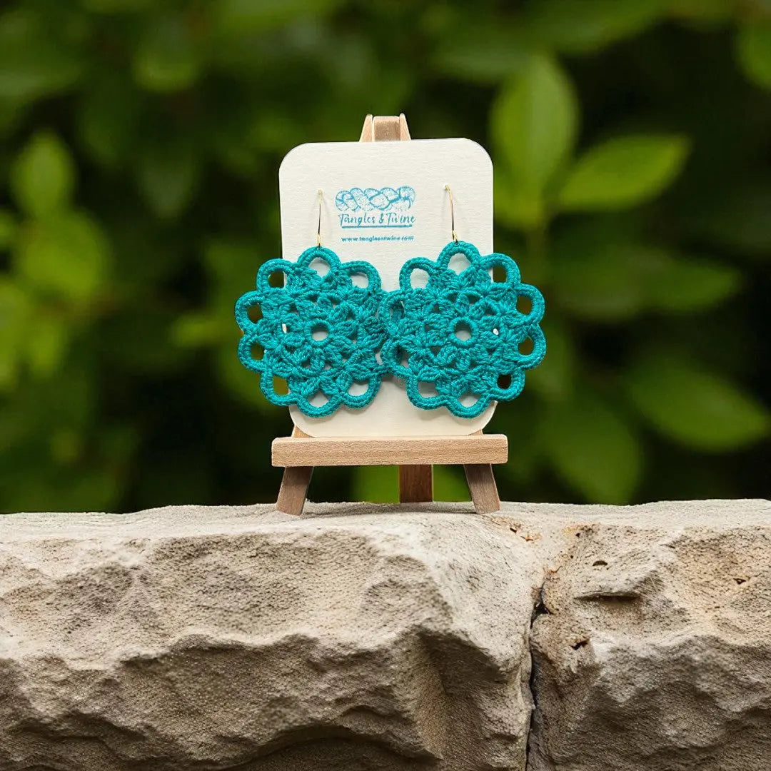 Crocheted Earrings: Intricate Circle in Turquoise Tangles & Twine