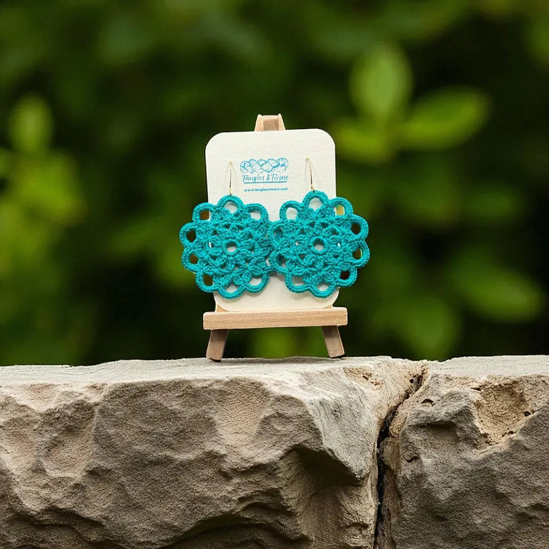 Crocheted Earrings: Intricate Circle in Turquoise Tangles & Twine