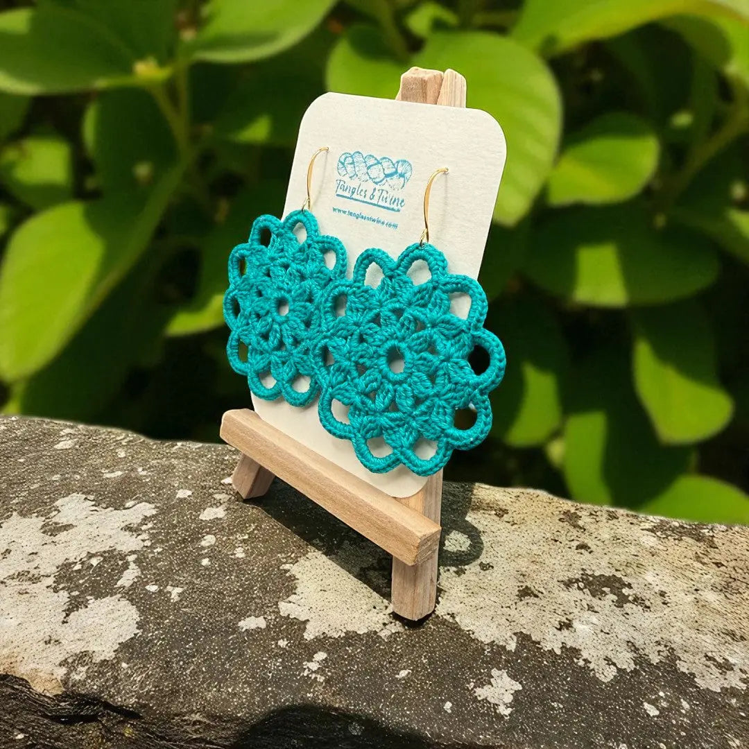 Crocheted Earrings: Intricate Circle in Turquoise Tangles & Twine