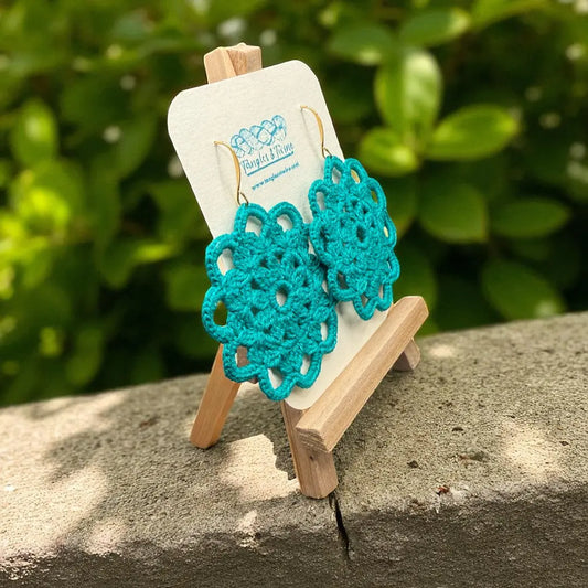 Crocheted Earrings: Intricate Circle in Turquoise Tangles & Twine