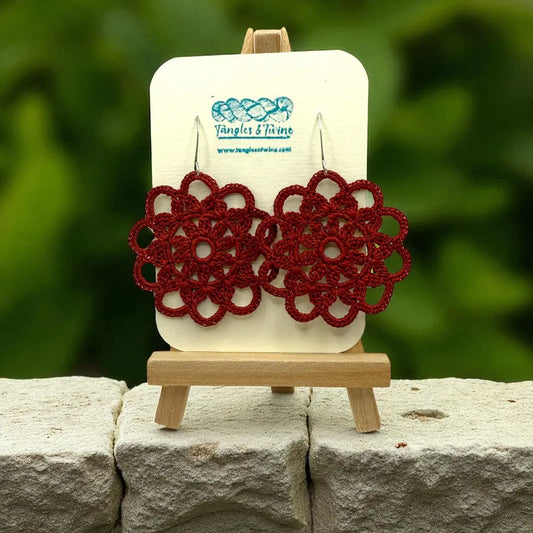 Crocheted Earrings: Intricate Circle in Wine Tangles & Twine