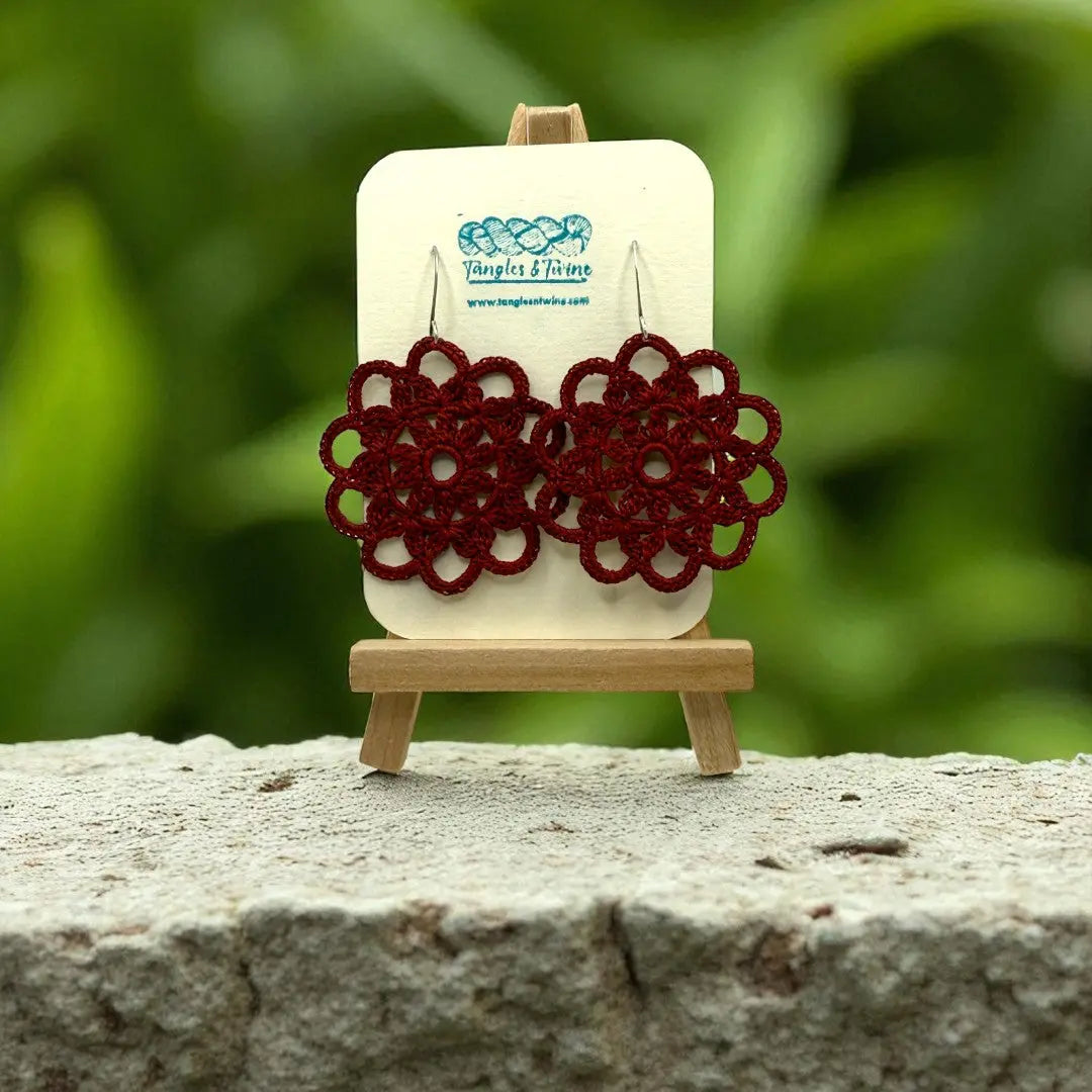 Crocheted Earrings: Intricate Circle in Wine Tangles & Twine
