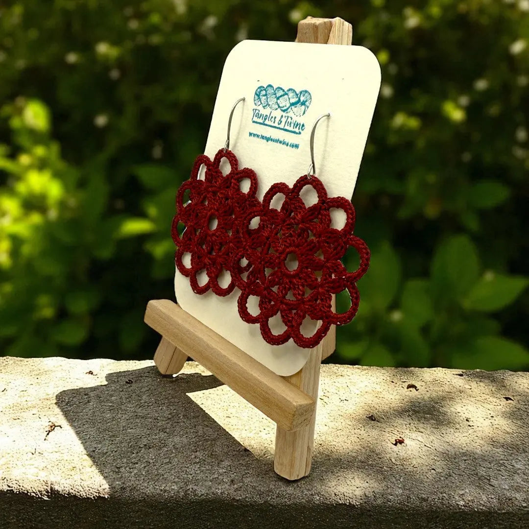 Crocheted Earrings: Intricate Circle in Wine Tangles & Twine
