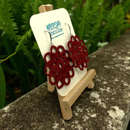 Crocheted Earrings: Intricate Circle in Wine Tangles & Twine