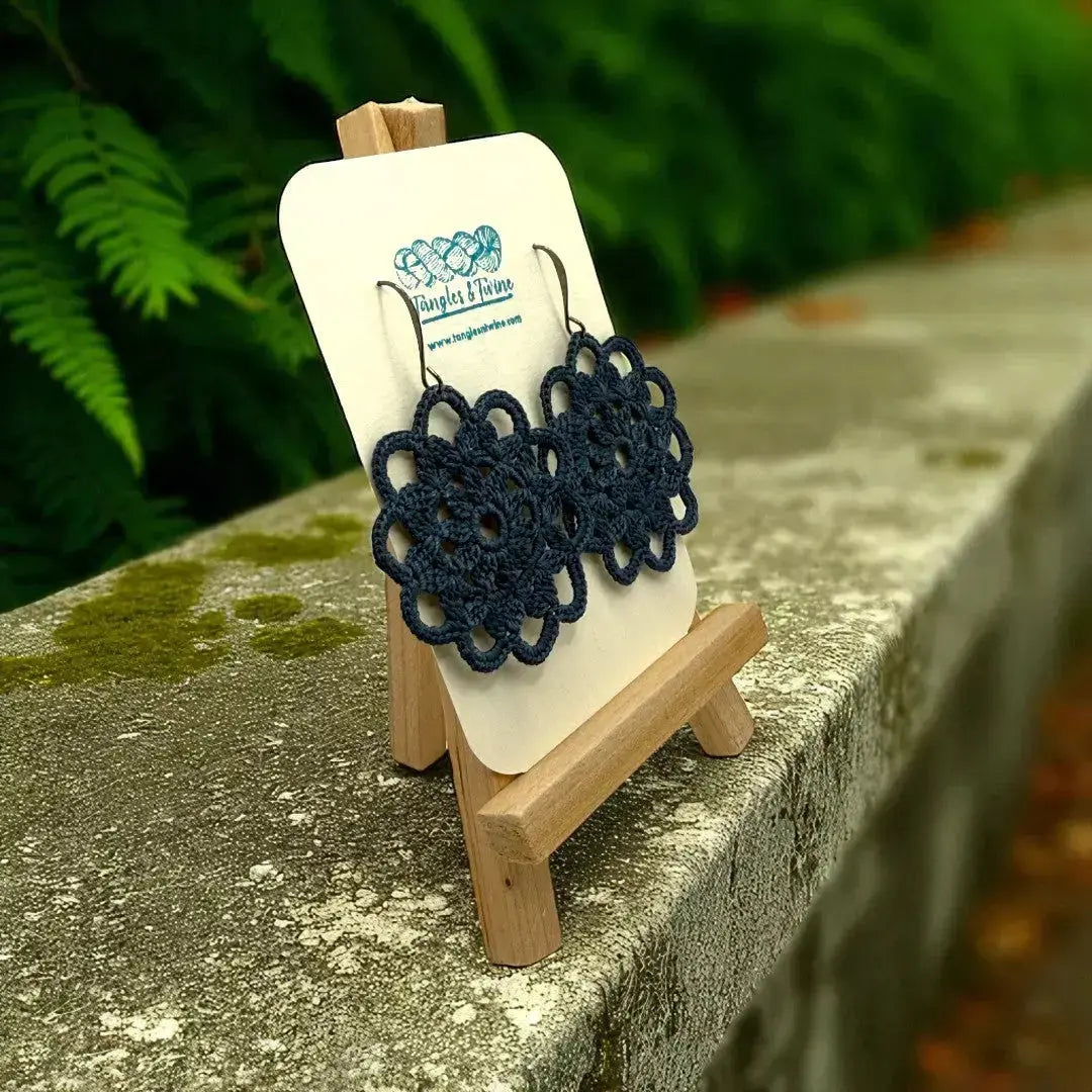 Crocheted Earrings: Intricate Circle in Prussian Blue Tangles & Twine