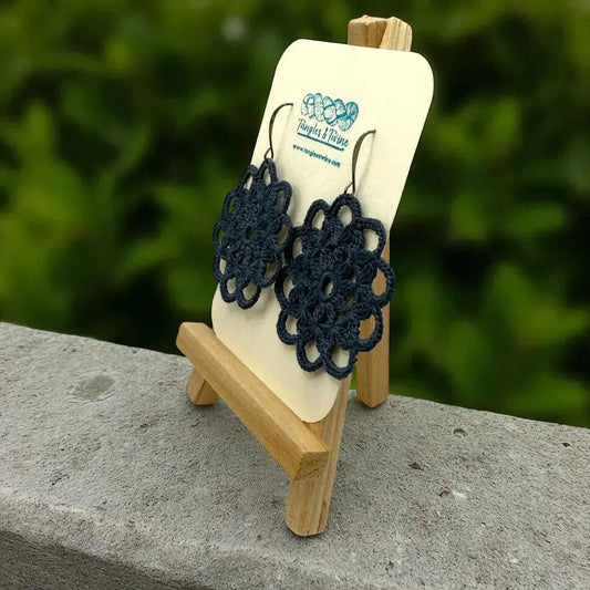 Crocheted Earrings: Intricate Circle in Prussian Blue Tangles & Twine