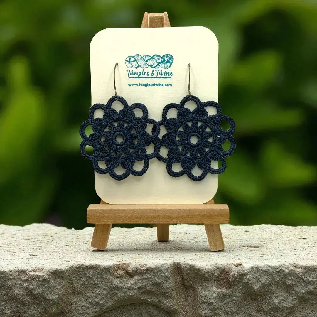 Crocheted Earrings: Intricate Circle in Prussian Blue Tangles & Twine
