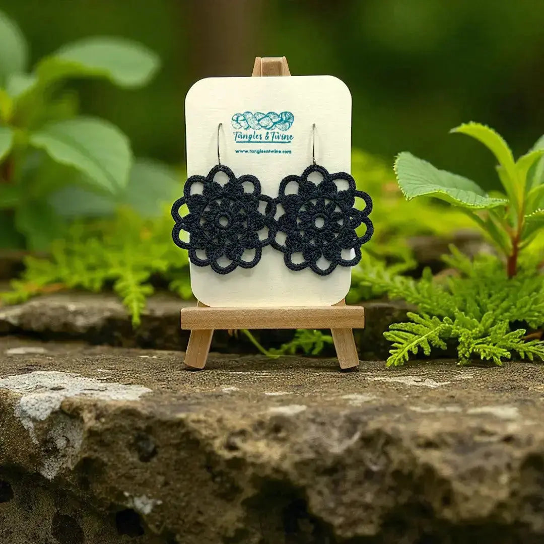 Crocheted Earrings: Intricate Circle in Prussian Blue Tangles & Twine