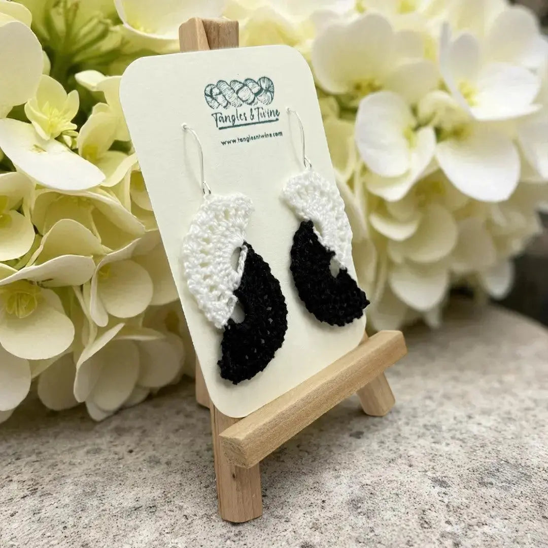 Crocheted Earrings -Angel Wings in Black and White #2 Tangles & Twine