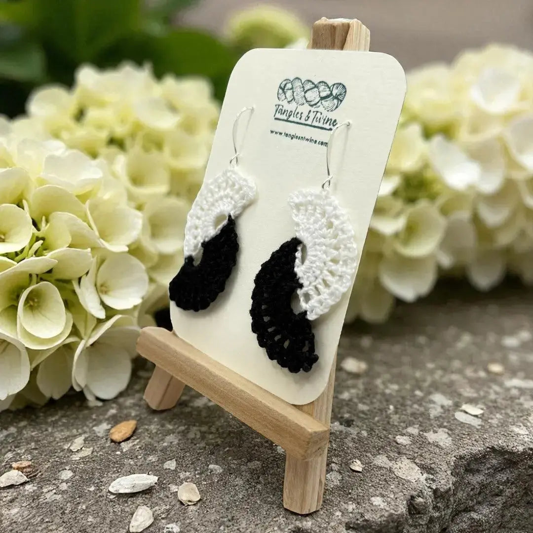 Crocheted Earrings -Angel Wings in Black and White #2 Tangles & Twine